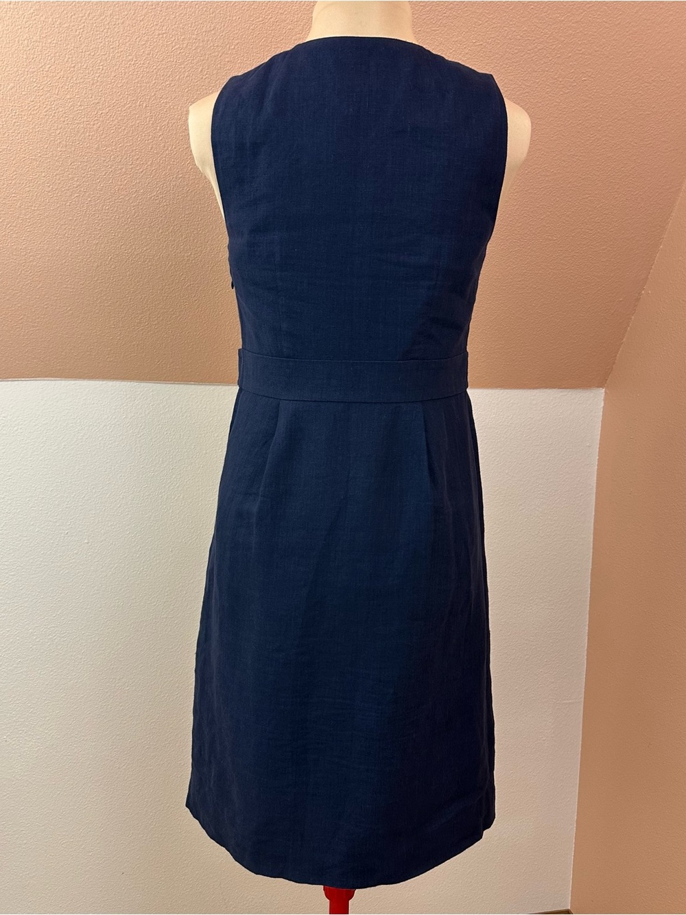 J.Crew 100% Linen Sheath Dress Womens 4 Navy Sleeveless Button Waist Knee Length - Picture 6 of 14